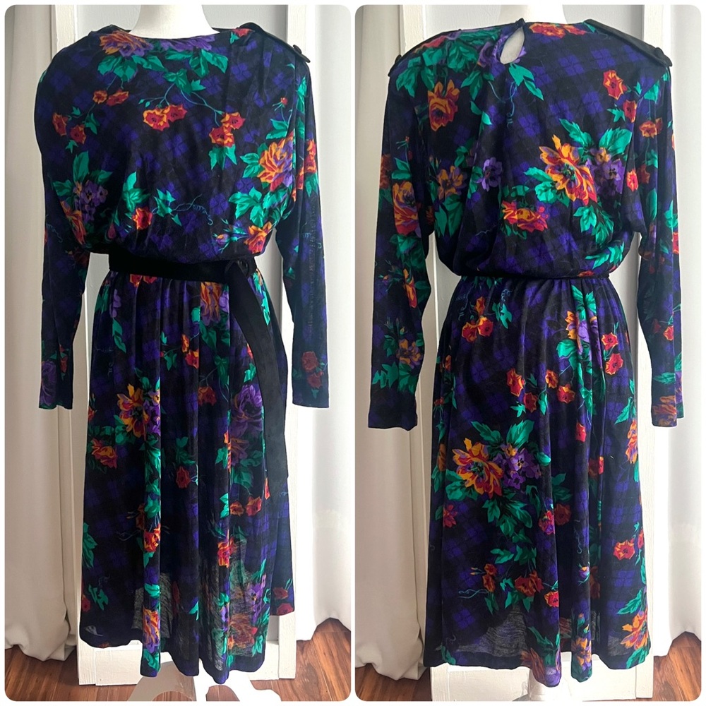 Vintage Alison J Purple Green Floral Diamond Print Belted Maxi Dress Womens XL